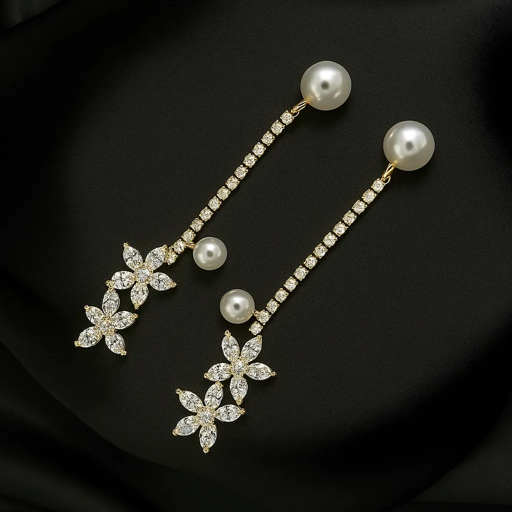 Chaand Phool Earrings - Gold Floral Pearl Tops - Image 2