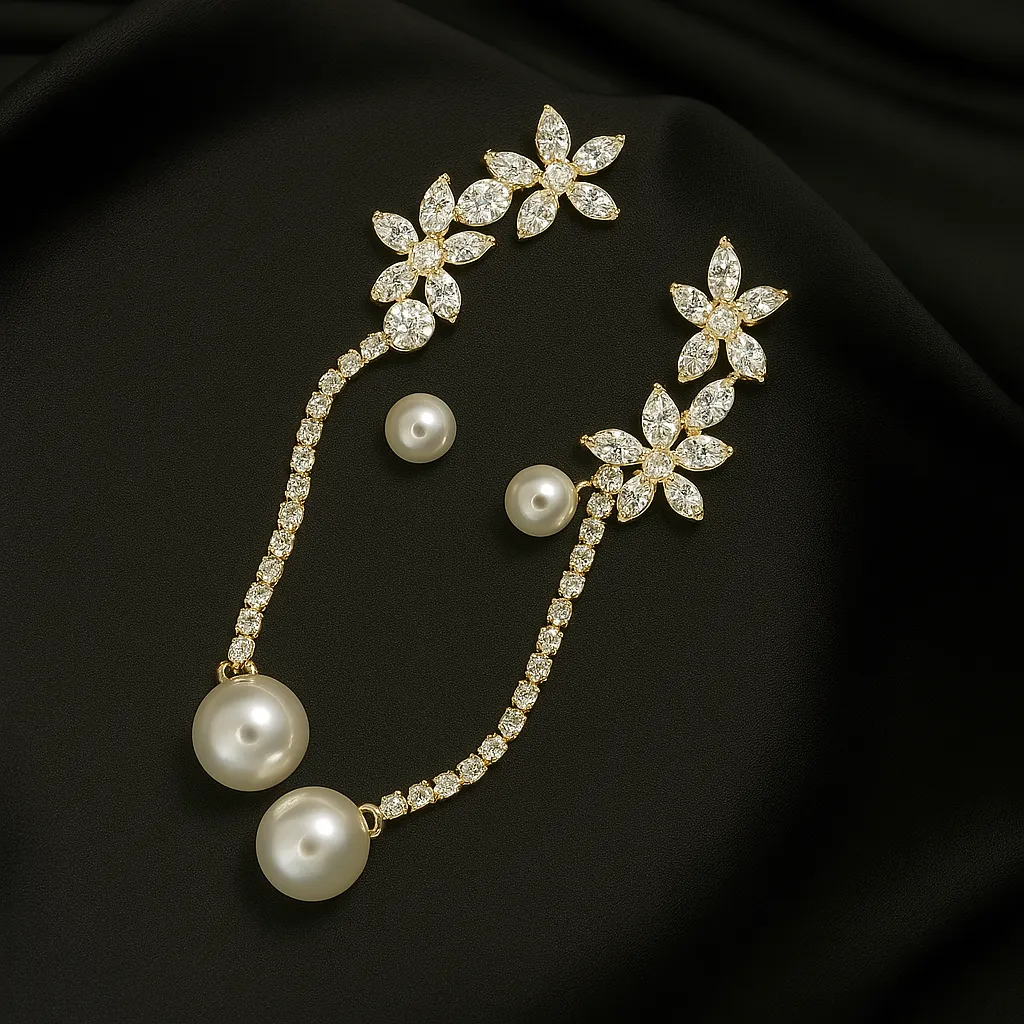 Chaand Phool Earrings - Gold Floral Pearl Tops