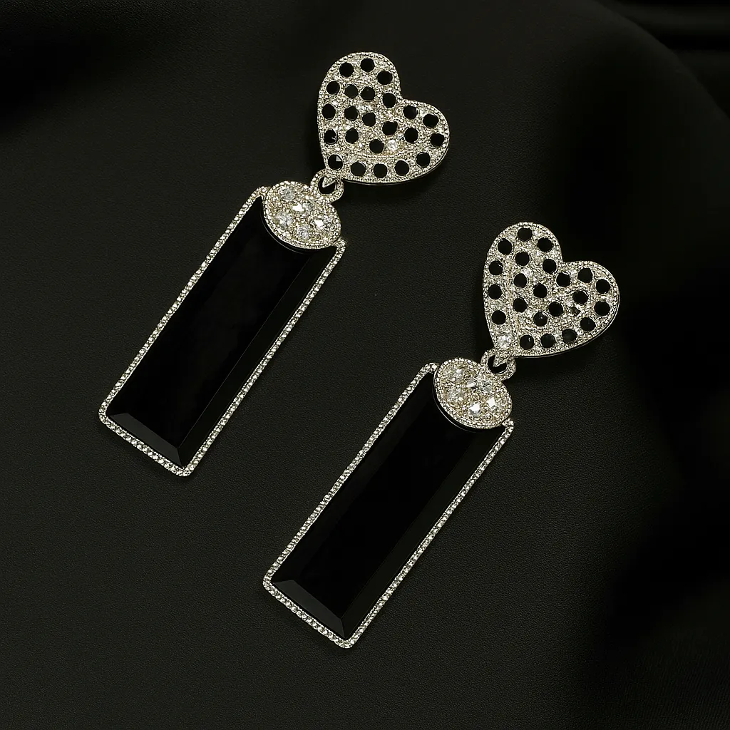 Zeenat Noir Heart Earrings - Black Stone Danglers - Image 2
