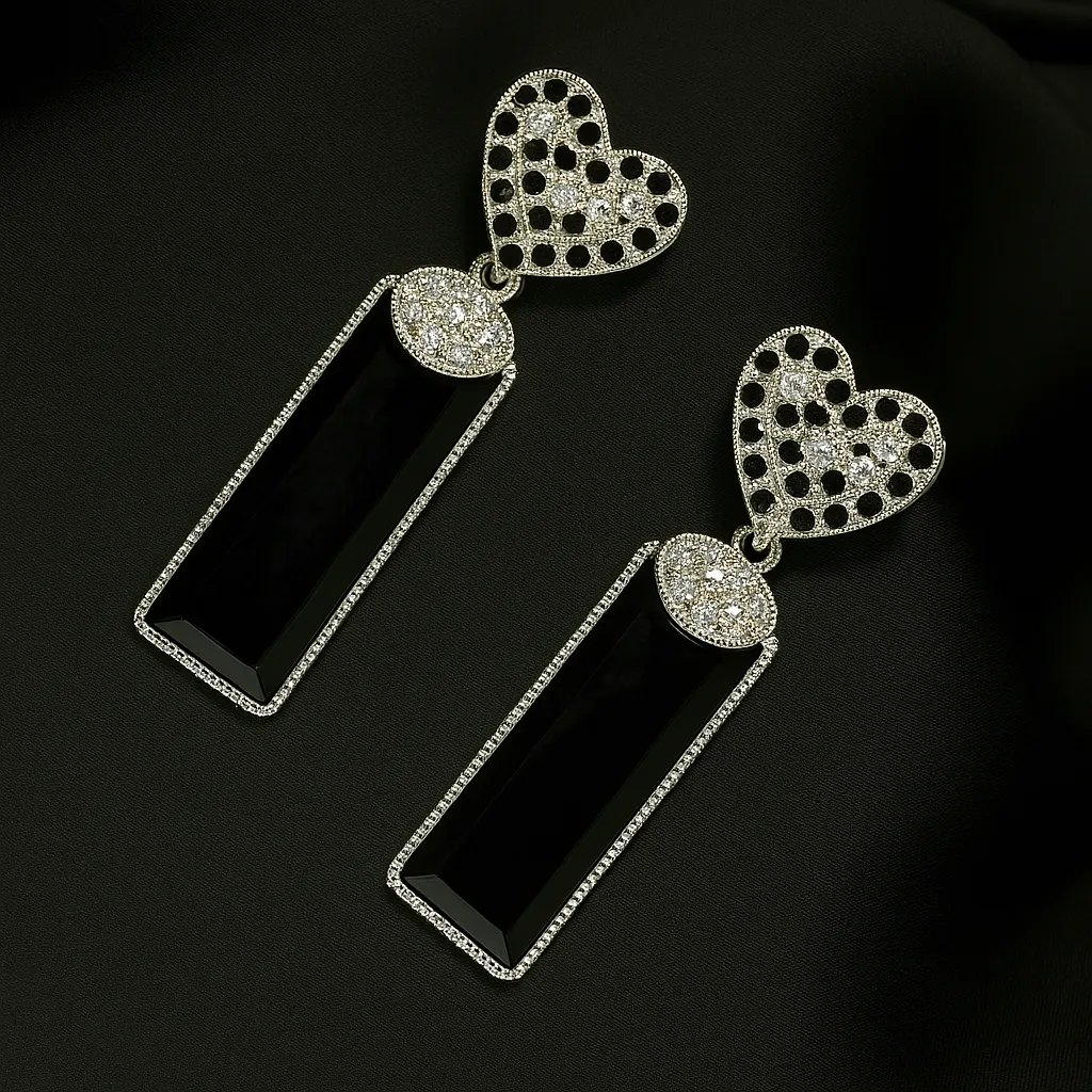 Zeenat Noir Heart Earrings - Black Stone Danglers