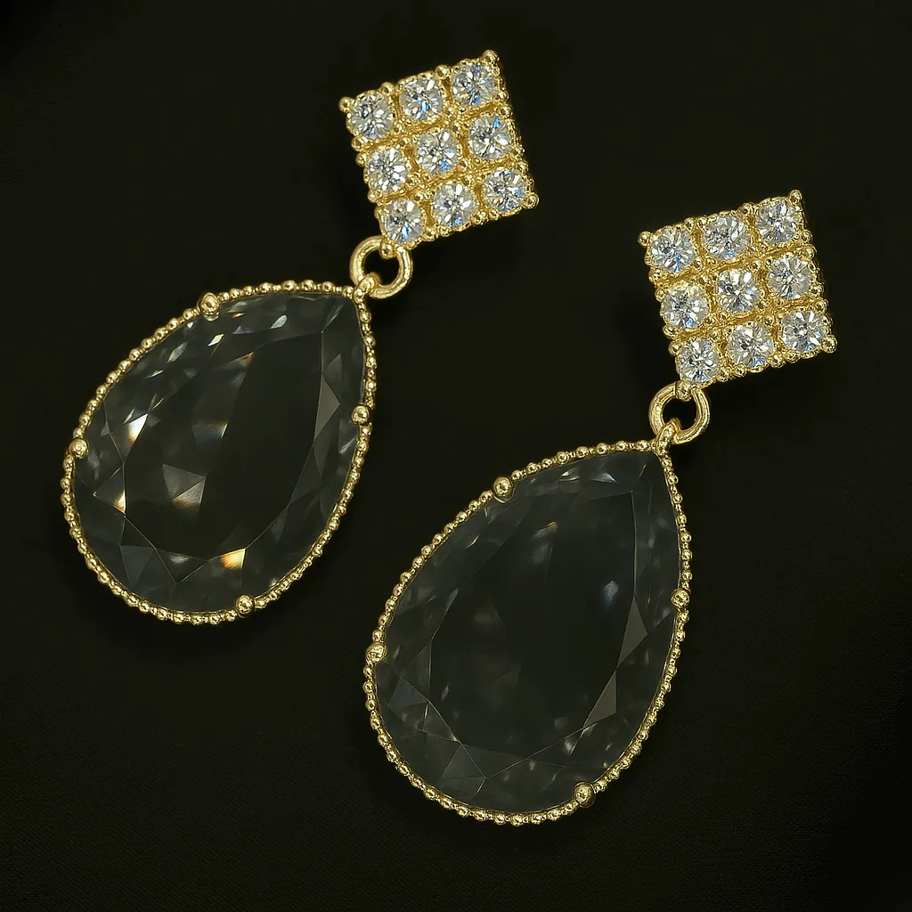 Aabroo Dewdrop Earrings - Gold Crystal Stud Drops - Image 2