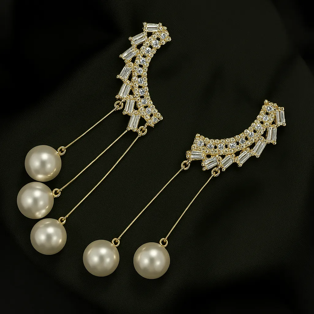Noor-e-Nazakat Earrings - Gold Cascading Pearl Drops - Image 2
