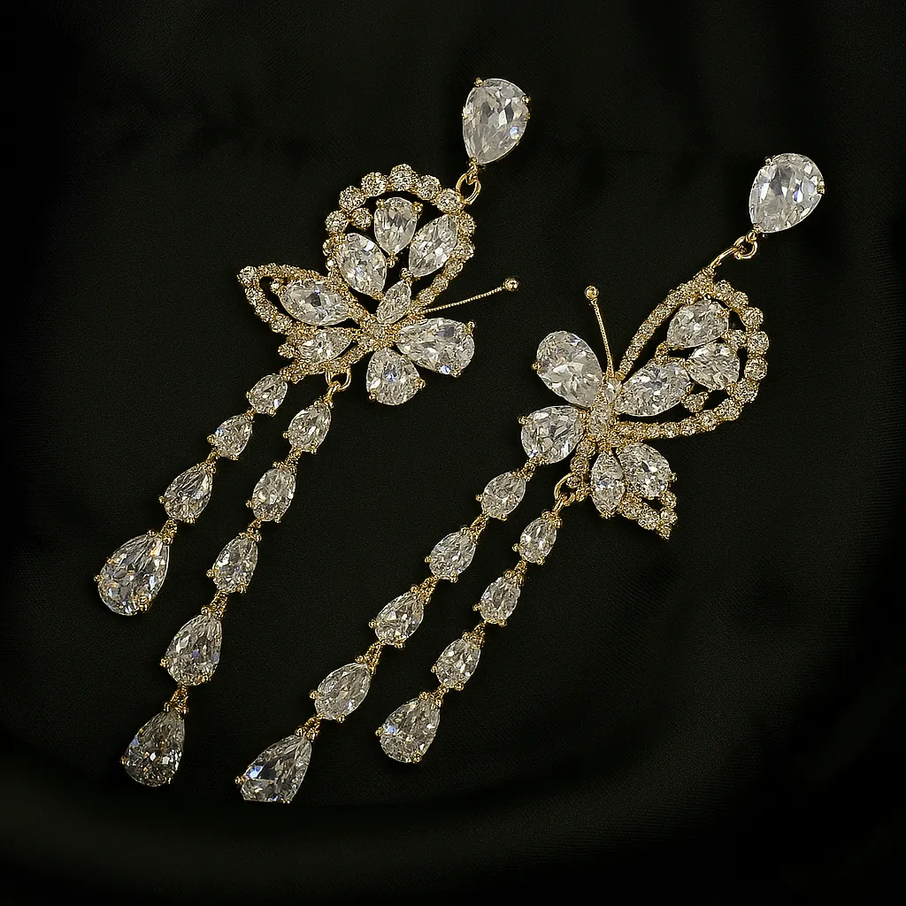 Pari Sitara Earrings - Gold Crystal Butterfly Drops - Image 2