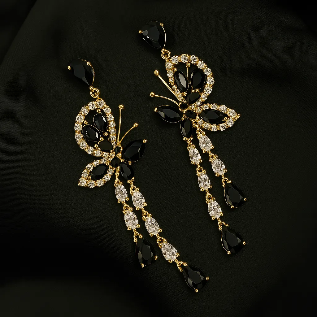 Kaala Parwana Earrings - Black Crystal Butterfly Danglers