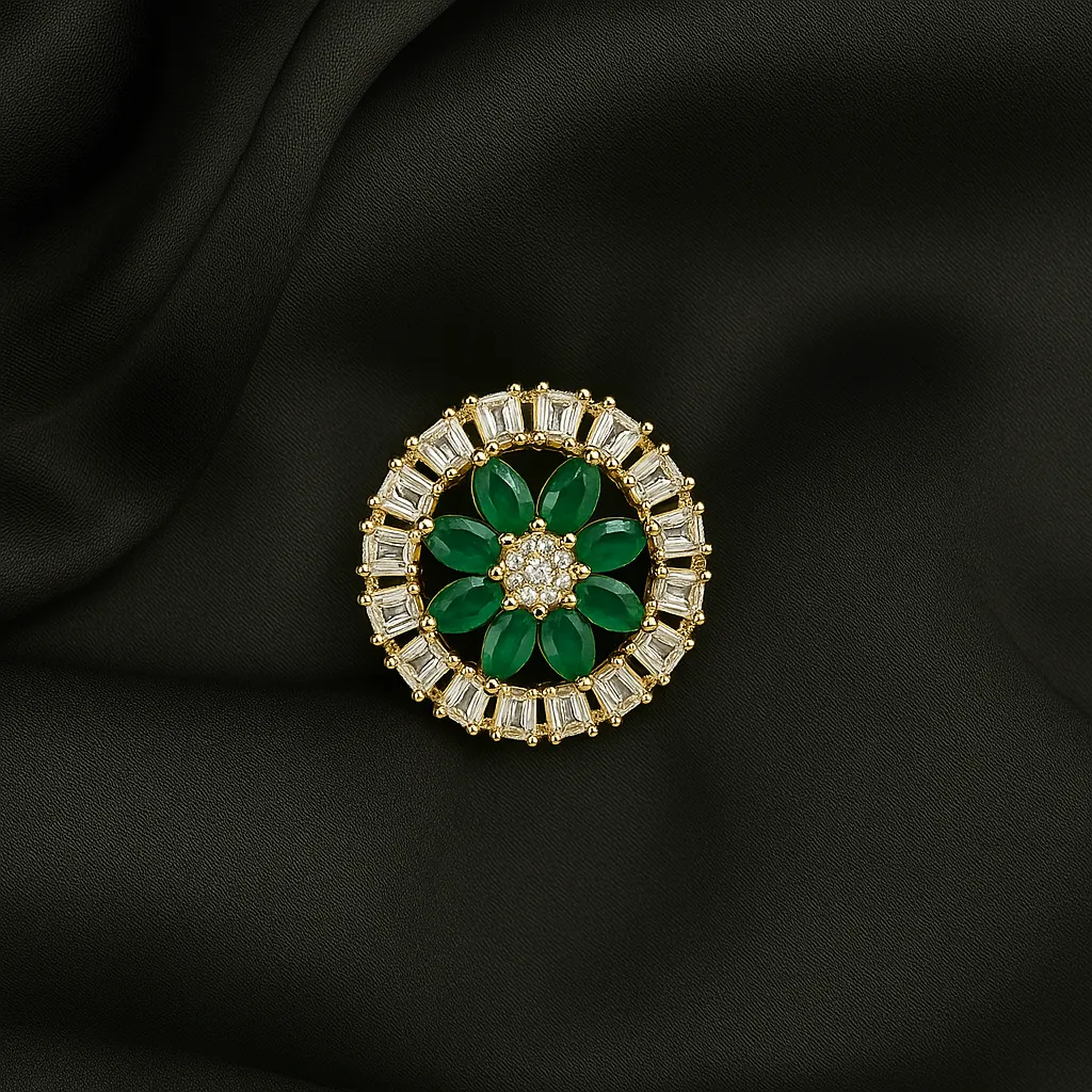 Sabz Shehzadi Ring - Emerald Bloom with Crystal Halo - Image 2