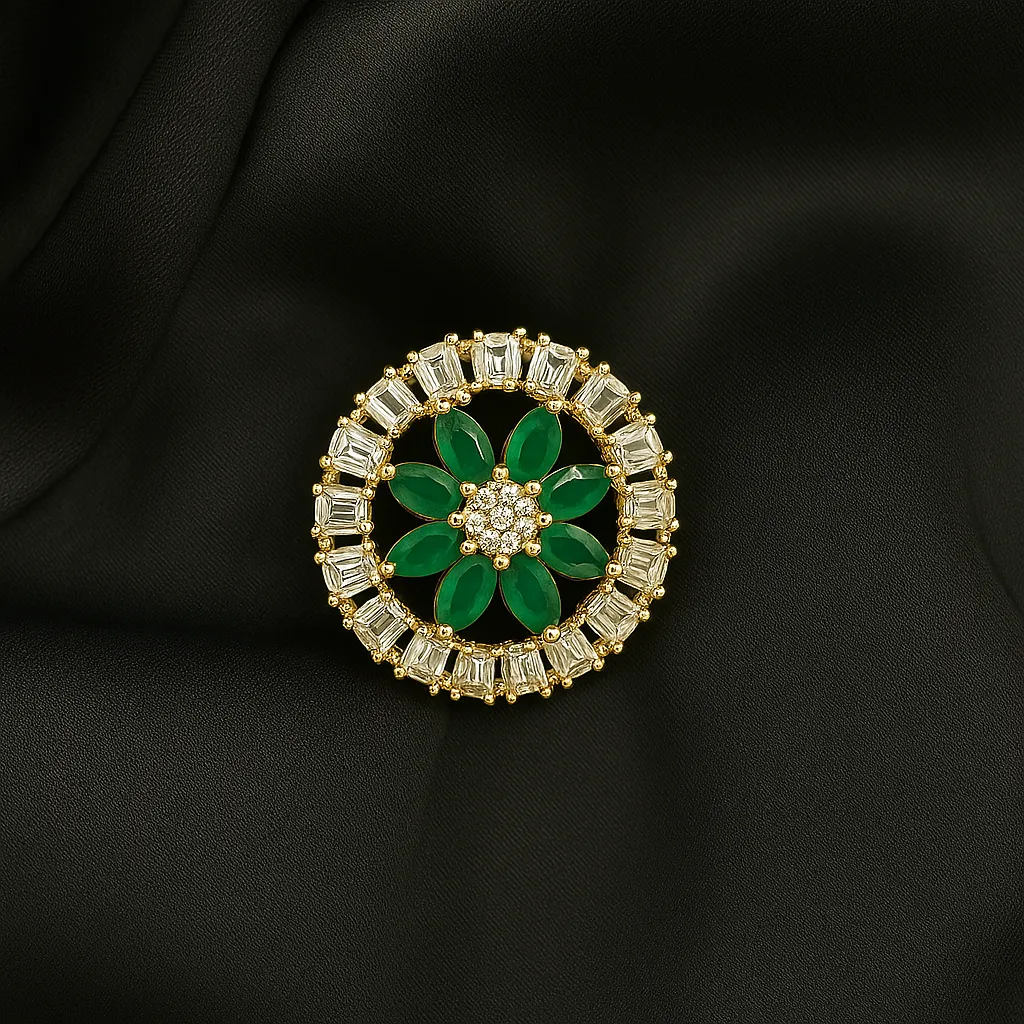 Sabz Shehzadi Ring - Emerald Bloom with Crystal Halo