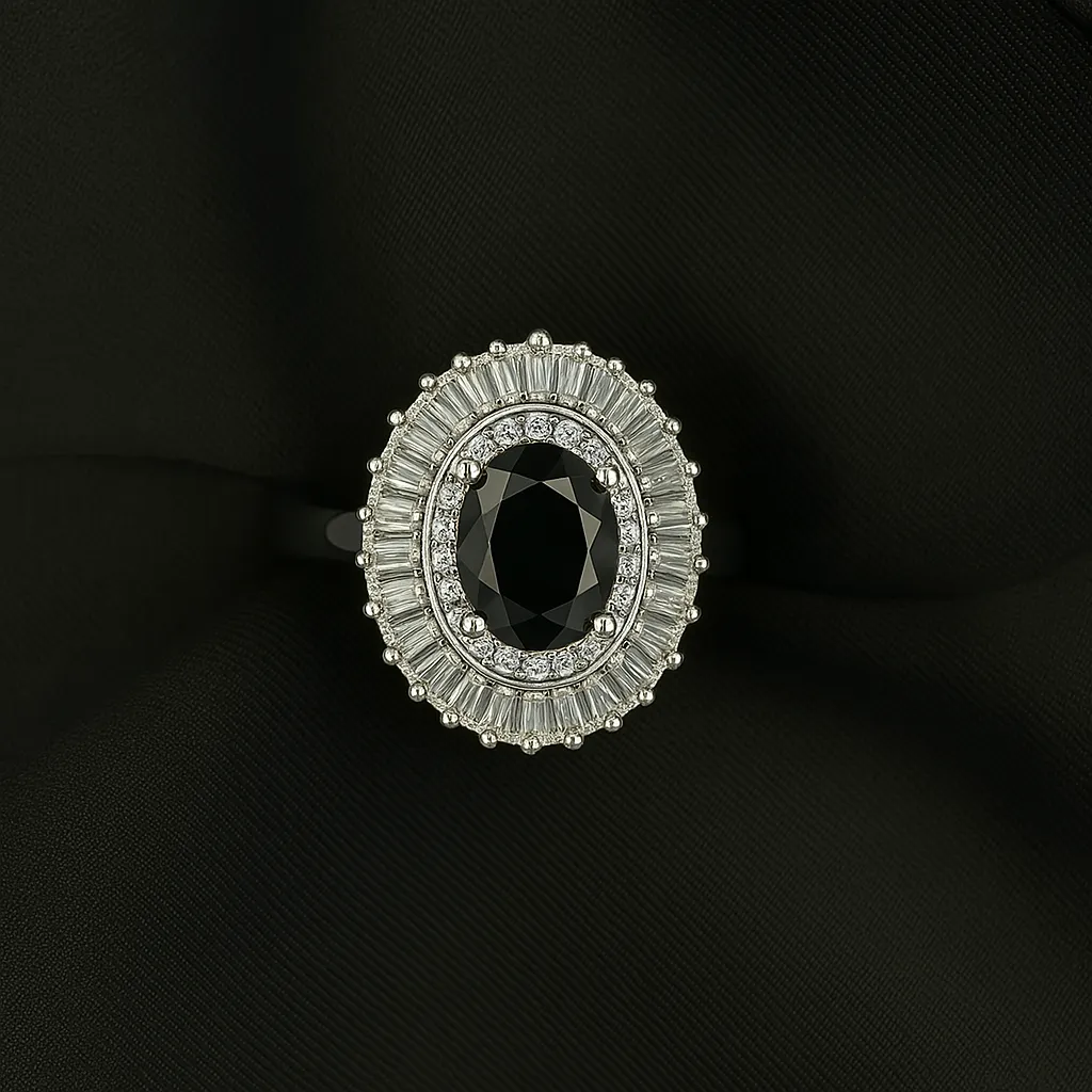 Noir Sitara Ring - Black Gem with Silver Halo - Image 2