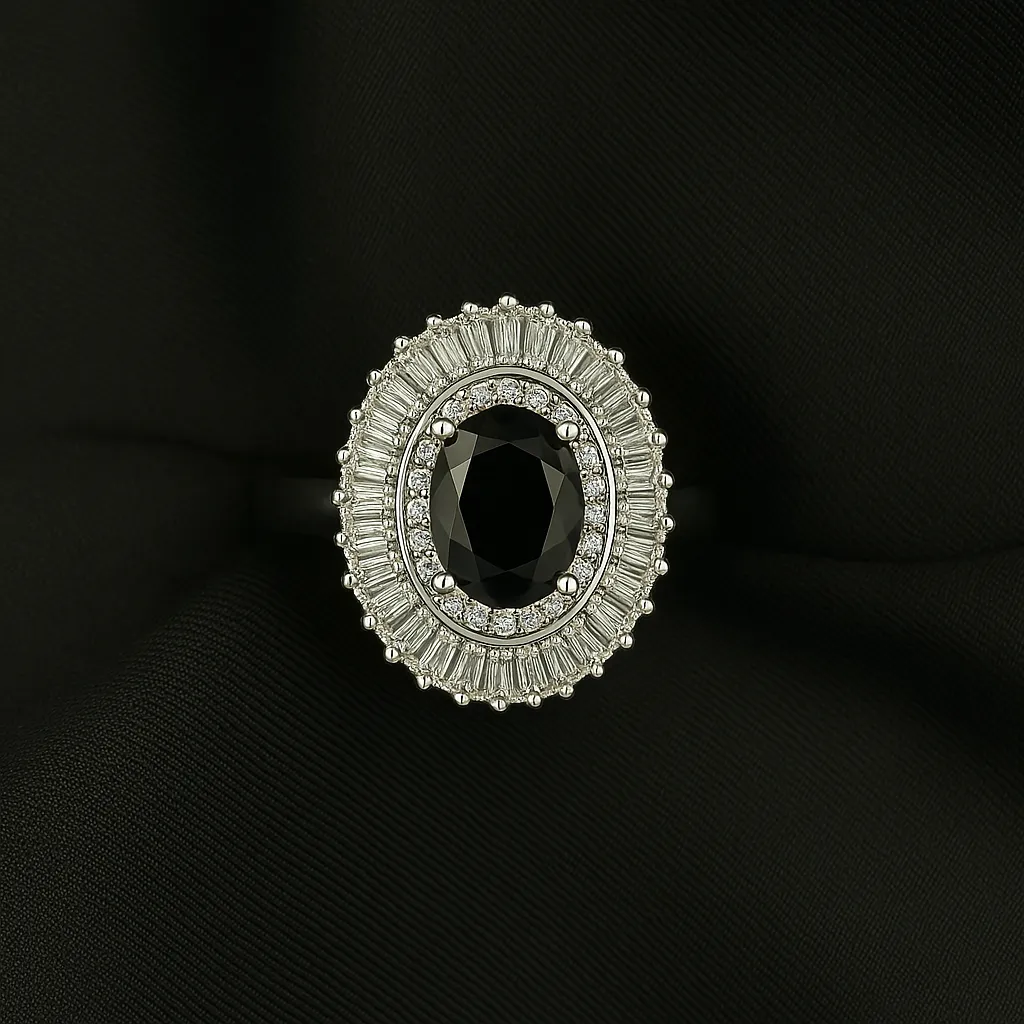 Noir Sitara Ring - Black Gem with Silver Halo