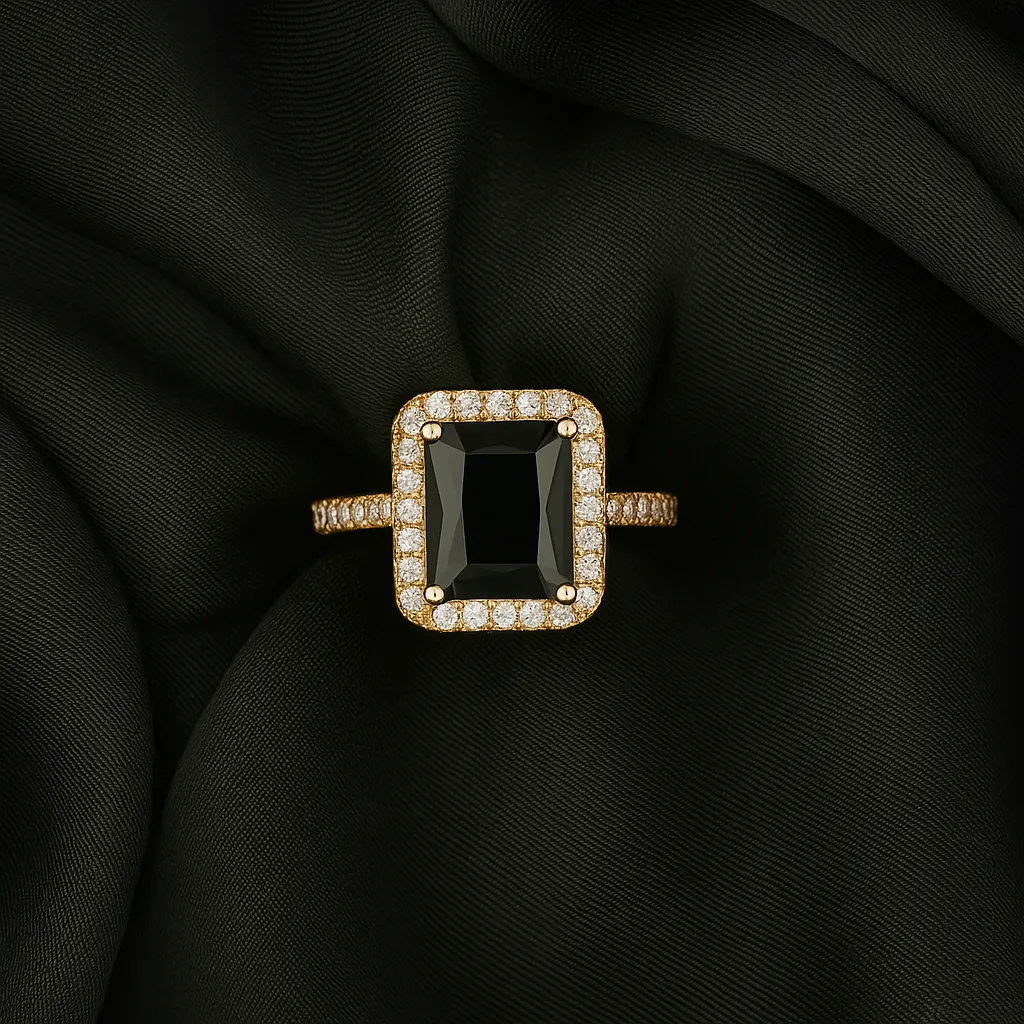 Zarqa Noir Ring - Square Black Stone with Halo - Image 2