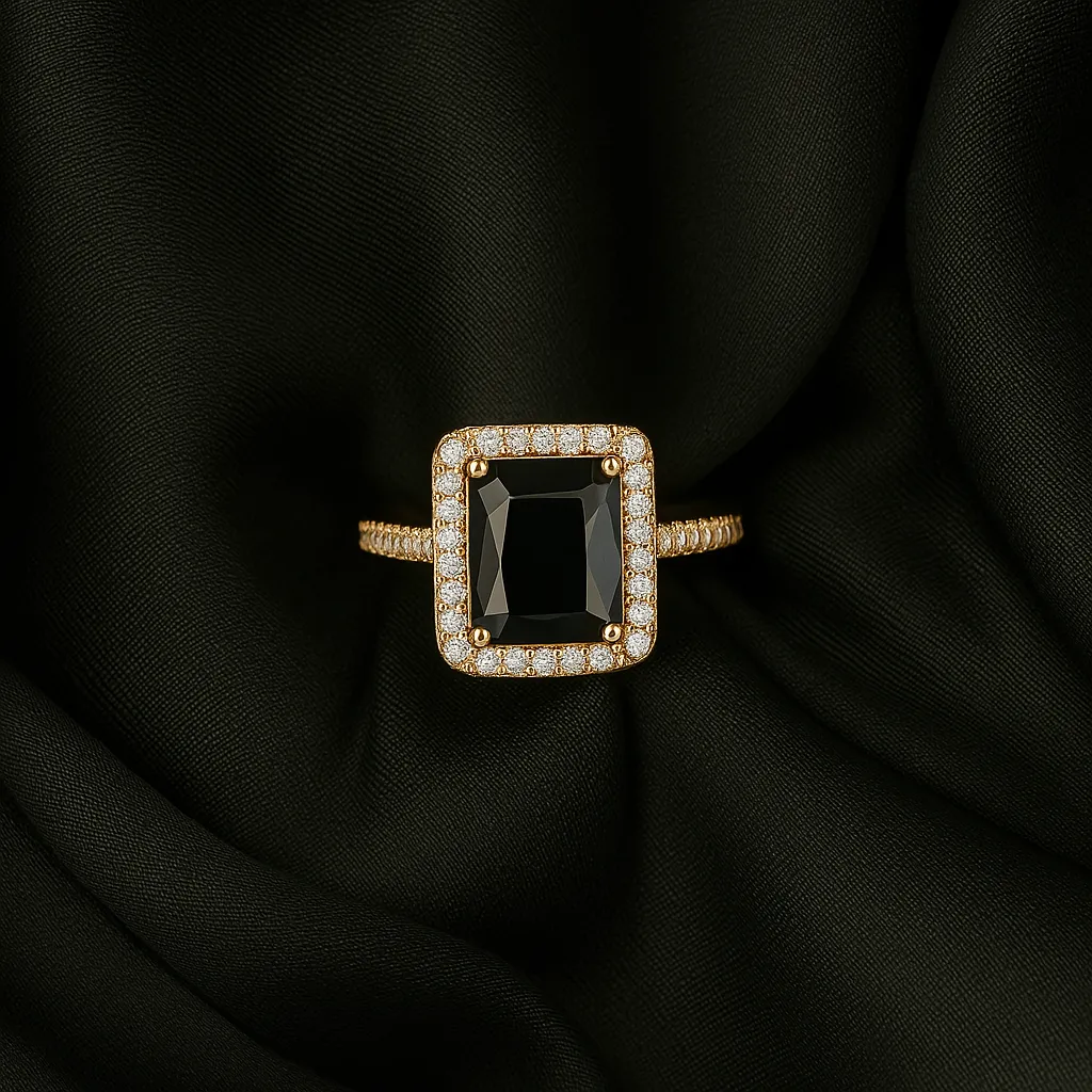 Zarqa Noir Ring - Square Black Stone with Halo