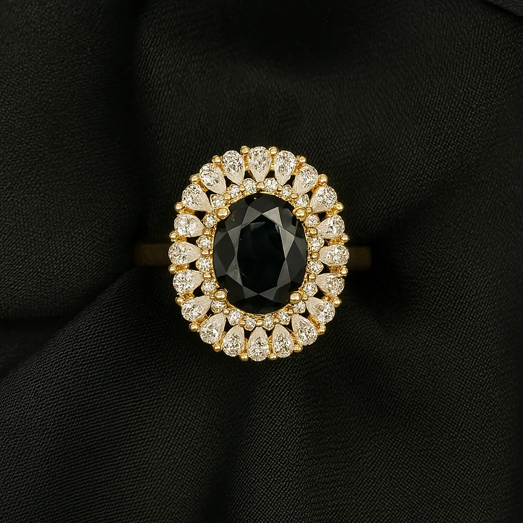 Zehra Noir Ring - Black Stone with Marquise Halo - Image 2