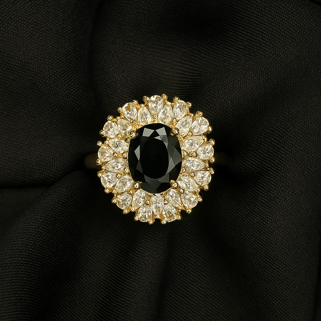 Zehra Noir Ring - Black Stone with Marquise Halo